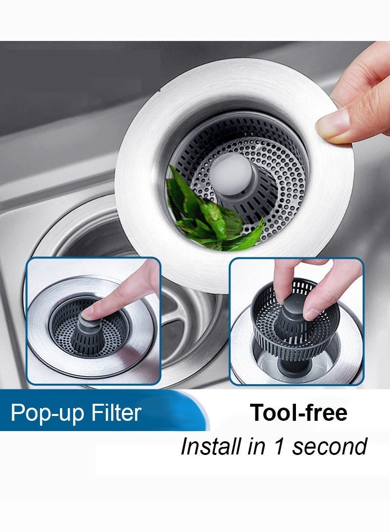 Joybos Sink Drain Filter - 3-in-1 Kitchen Sink Drain Filter and Plug, 304 Stainless Steel Spring-Loading Anti-Clogging Basket Filter, Fast Drain Kitchen Sink Plug for Standard 3-1/2 Inch Drain Holes/7.5-8.7 cm Sink Drains - Image 2